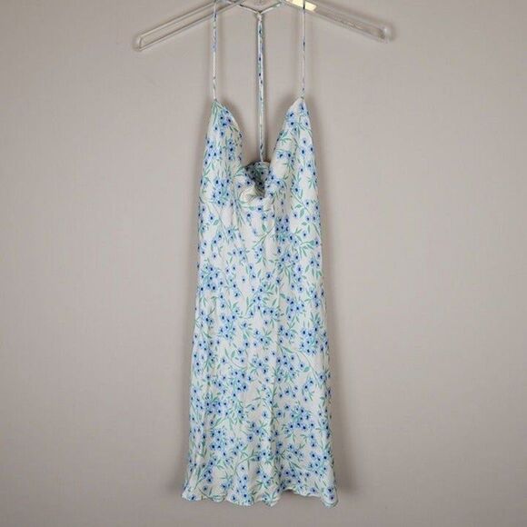 Zara S Structured Floral Mini Slip Dress Cowl Neck Strappy Racerback Ivory Blue - Picture 4 of 12